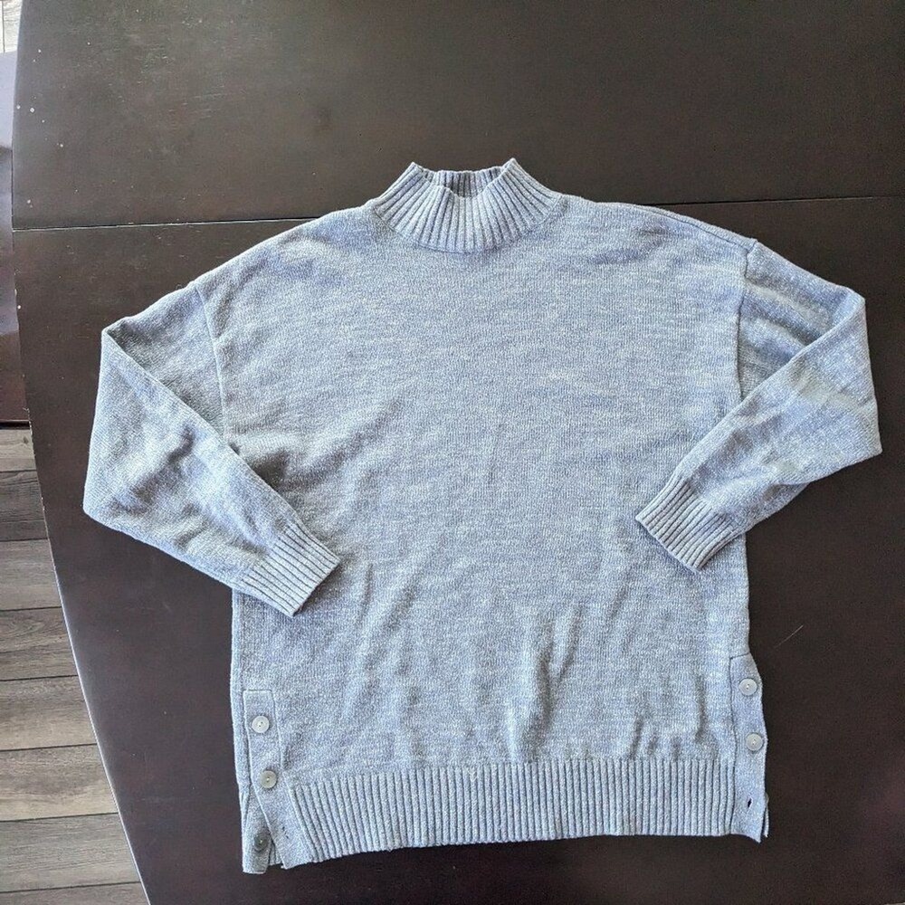 Lauren Conrad Womens L Gray Blue Metallic Mock Neck Side Button Knit Sweater